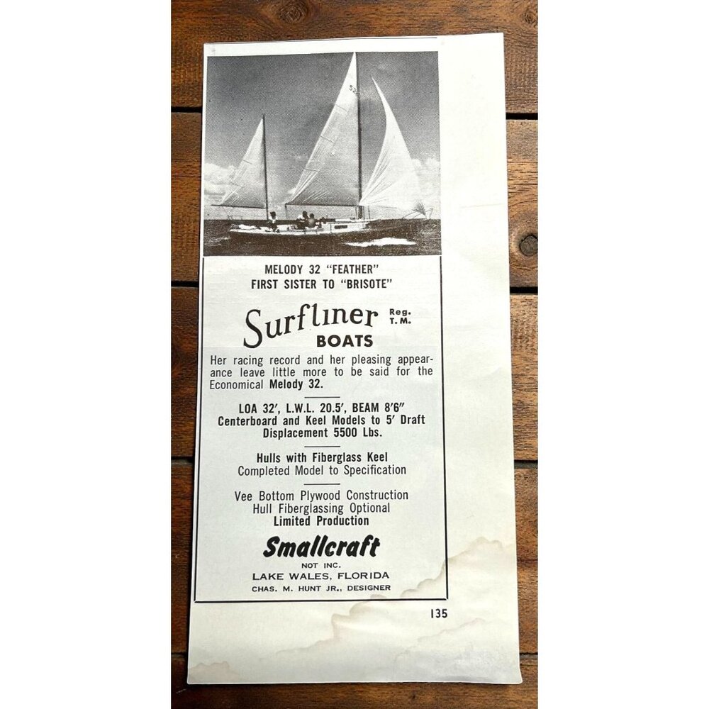 Smallcraft  Surfliner Boats Vintage Print Ad 1950s Lake Wales FL Sailing Boating